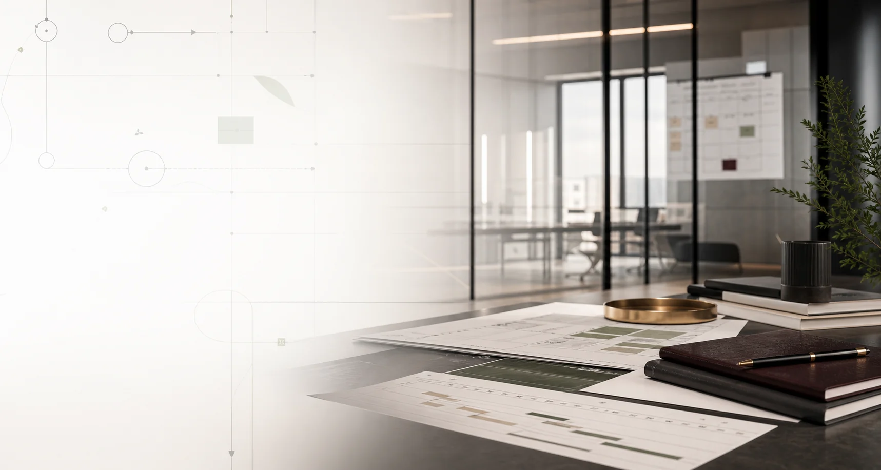 Elegant consulting workspace with planning documents and subtle workflow lines